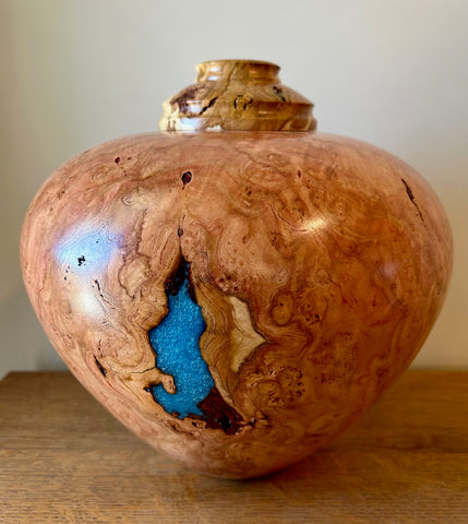 Cherry Burl Individual Size Urn With Sky Blue Accents and Screw On Lid