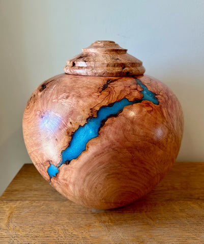 Cherry Burl Individual Size Urn With Sky Blue Accents and Screw On Lid