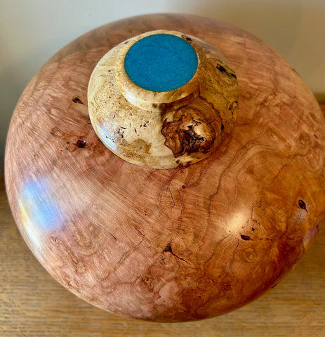 Cherry Burl Individual Size Urn With Sky Blue Accents and Screw On Lid