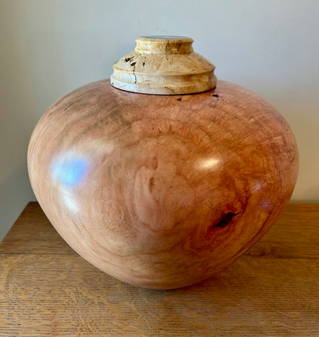 Cherry Burl Individual Size Urn With Sky Blue Accents and Screw On Lid