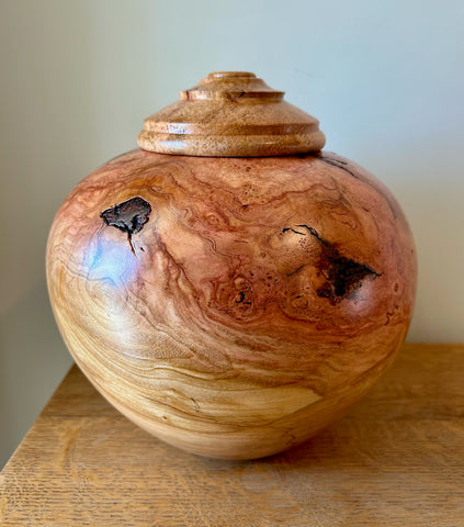 Cherry Burl Individual Size Urn With Sky Blue Accents and Screw On Lid